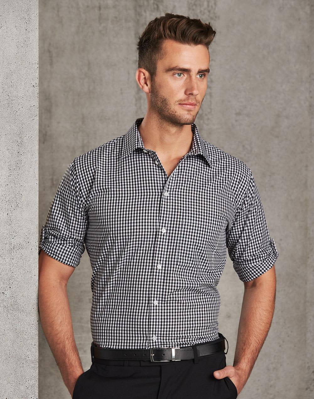 Men’s Gingham Check Long Sleeve Shirt With Roll Up Tab Sleeve