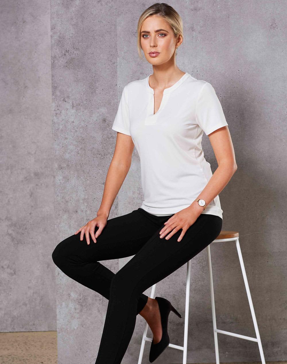 Ladies' V-neck with Tab S/S Knit Top SH-M8840