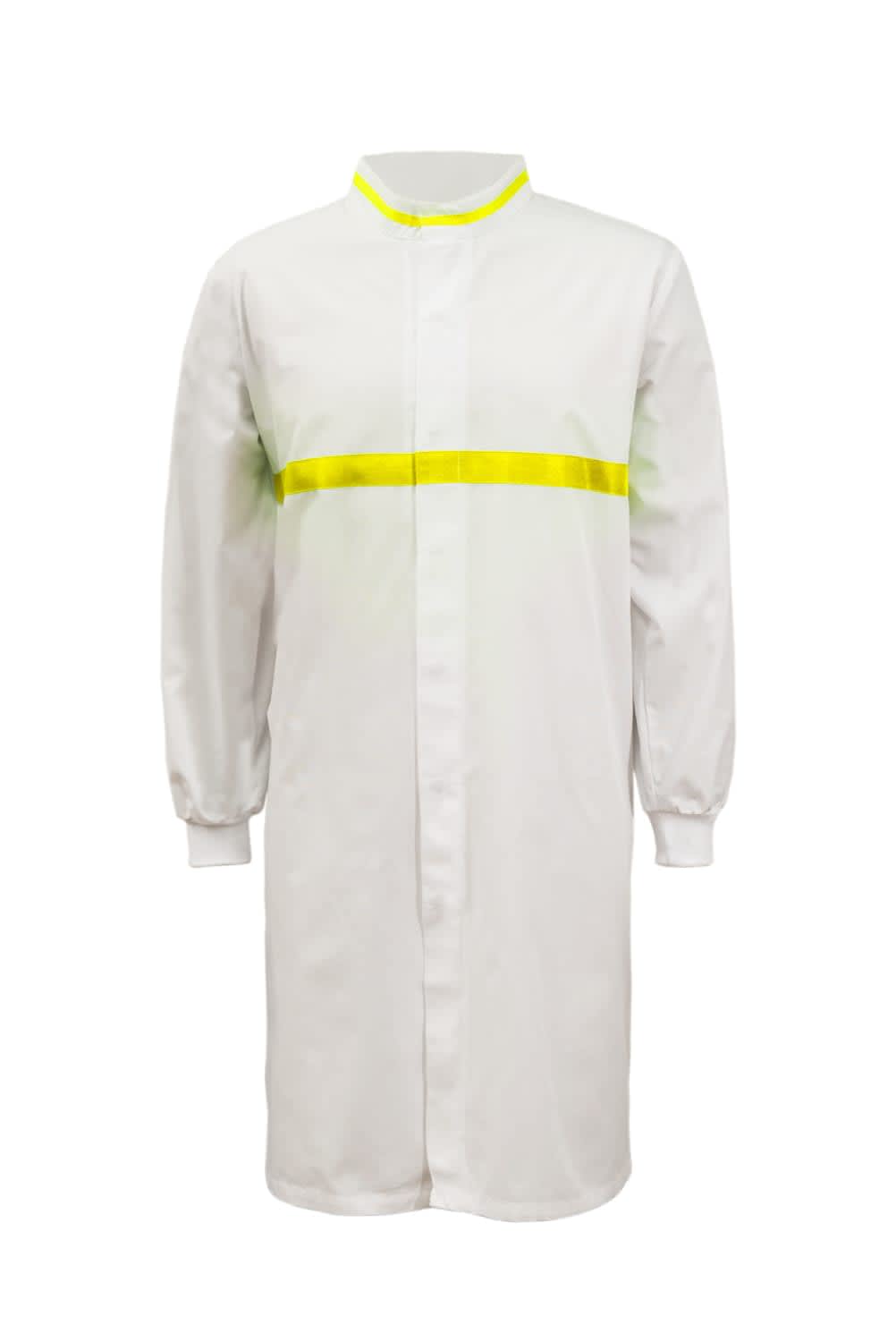 Food Industry Long Length Dustcoat With Mandarin Collar, Contrast Trims On Collar And Chest, Long Sleeve With Cuff