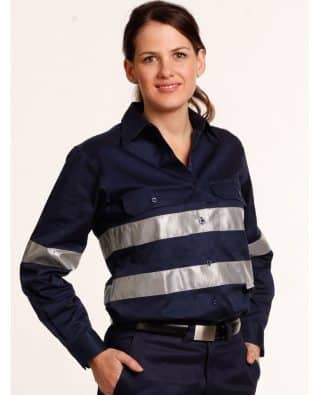 Shiny Ladies HiVis Cotton Drill Long Sleeves Work Shirt with 3M Reflective Taps SH-WT08HV